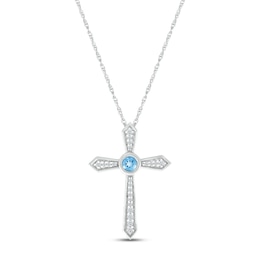 Blue Topaz & White Lab-Created Sapphire Bezel Cross Necklace Sterling Silver 18"