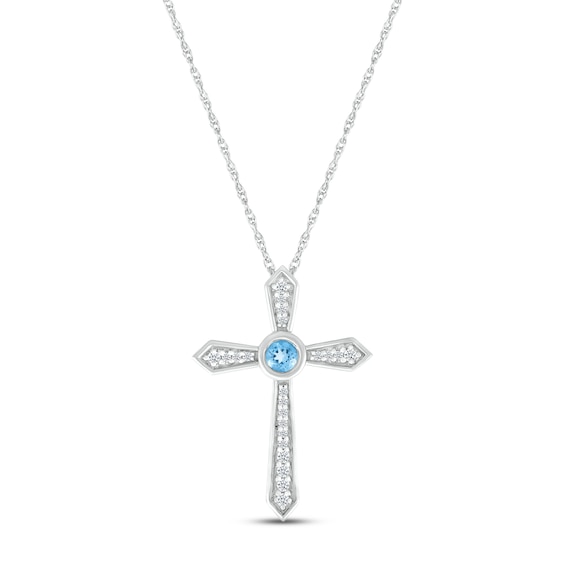 Blue Topaz & White Lab-Created Sapphire Bezel Cross Necklace Sterling Silver 18"