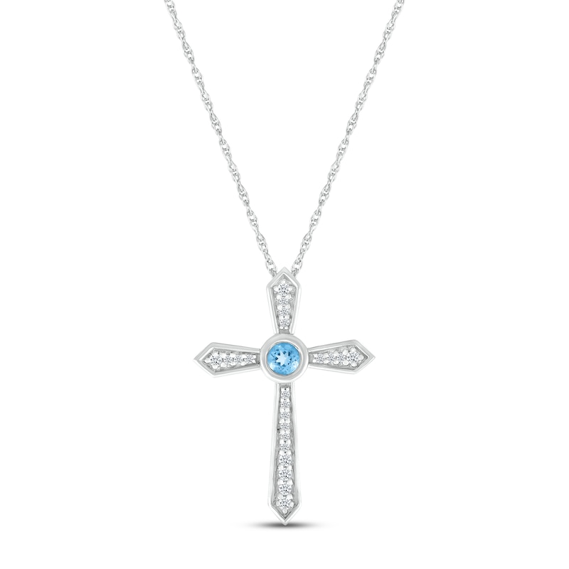 Main Image 1 of Blue Topaz & White Lab-Created Sapphire Bezel Cross Necklace Sterling Silver 18&quot;