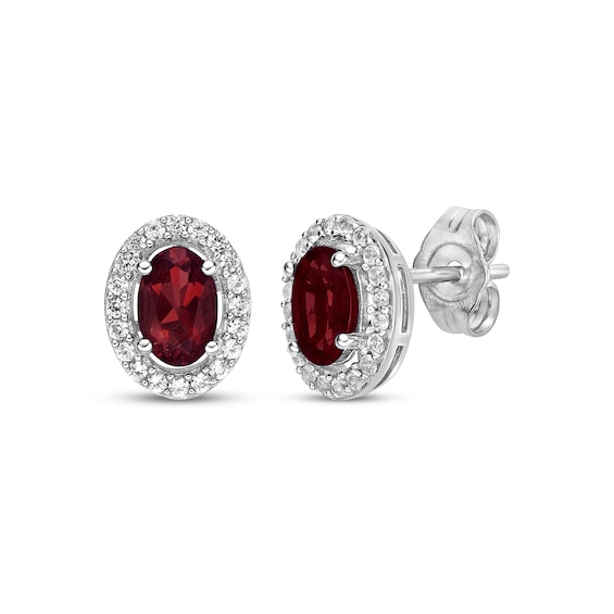 Oval-Cut Garnet & White Lab-Created Sapphire Halo Stud Earrings Sterling Silver