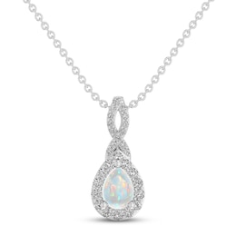 Lab-Created Opal & White Lab-Created Sapphire Necklace Sterling Silver 18"