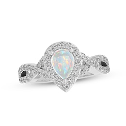 Lab-Created Opal & White Lab-Created Sapphire Ring Sterling Silver