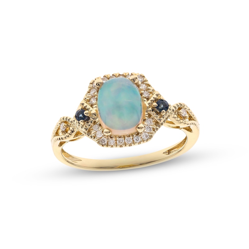 Main Image 1 of Opal, Blue Sapphire & Diamond Ring 1/8 ct tw Round-cut 10K Yellow Gold