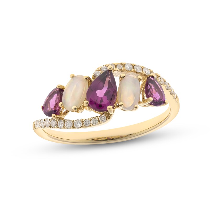 Main Image 1 of Rhodolite Garnet, Opal & Diamond Ring 1/6 ct tw Round-cut 10K Yellow Gold