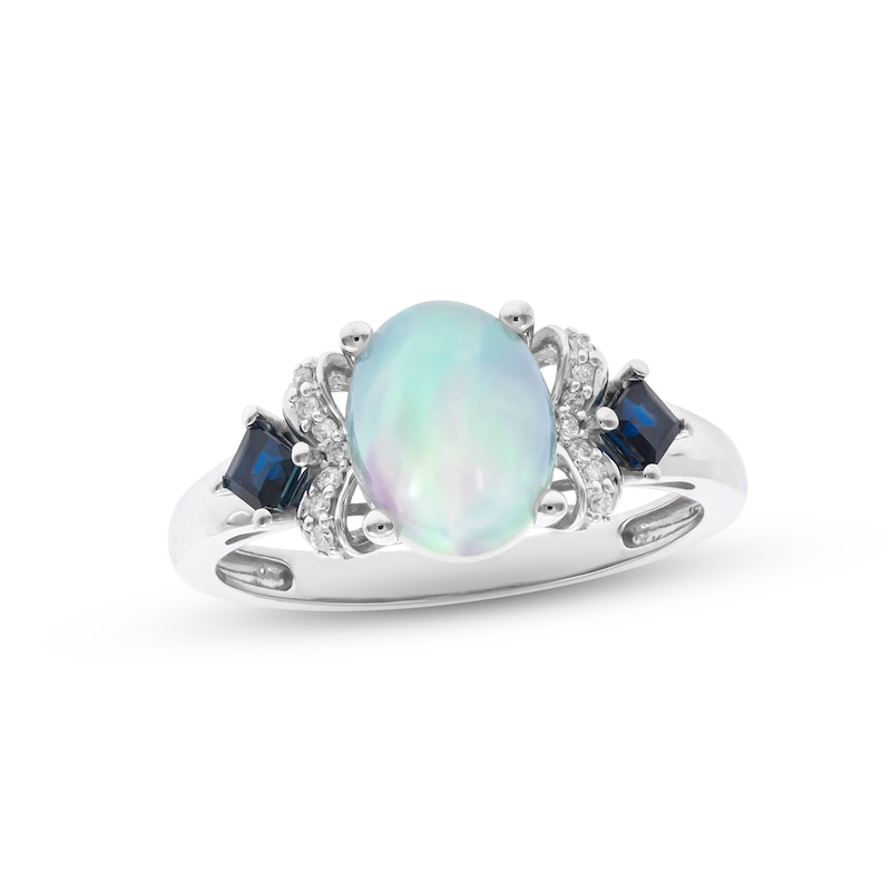Main Image 1 of Opal, Blue Sapphire & Diamond Ring 1/20 ct tw Round-cut 10K White Gold