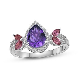Amethyst, Rhodolite Garnet & White Lab-Created Sapphire Ring Sterling Silver