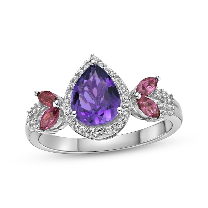 Main Image 1 of Amethyst, Rhodolite Garnet & White Lab-Created Sapphire Ring Sterling Silver