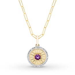 Amethyst & White Topaz Medallion Paperclip Necklace 10K Yellow Gold 18&quot;