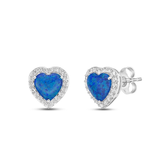 Black Lab-Created Opal & White Lab-Created Sapphire Heart Stud Earrings Sterling Silver