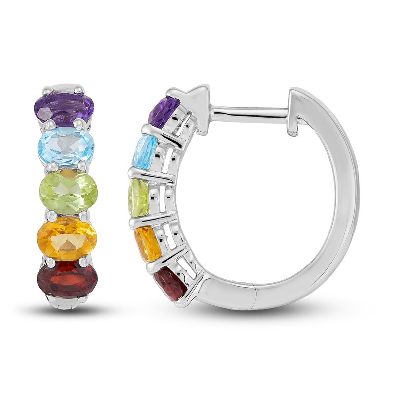 Multi-Stone Rainbow Huggie Hoop Earrings Sterling Silver