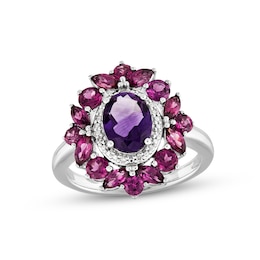 Amethyst, Rhodolite Garnet & Diamond Ring Sterling Silver
