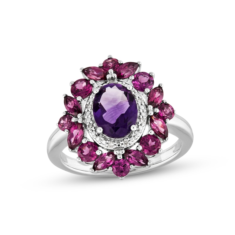 Main Image 1 of Amethyst, Rhodolite Garnet & Diamond Ring Sterling Silver