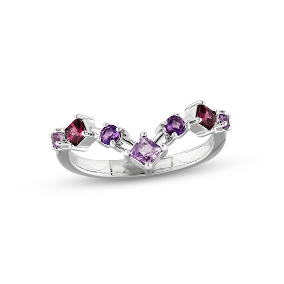 Pink Quartz, Amethyst & Rhodolite Garnet Chevron Ring Sterling Silver