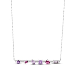 Pink Quartz, Amethyst & Rhodolite Garnet Bar Necklace Sterling Silver 18"