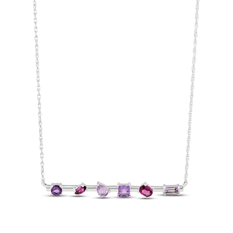 Main Image 1 of Pink Quartz, Amethyst & Rhodolite Garnet Bar Necklace Sterling Silver 18&quot;
