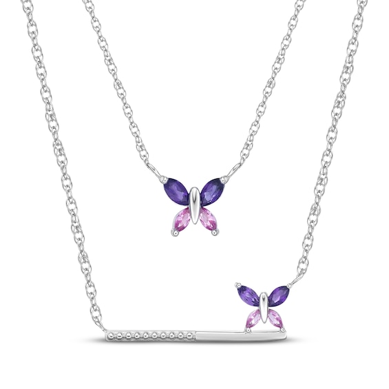 Amethyst & Pink Lab-Created Sapphire Butterfly Necklace Boxed Set Sterling Silver