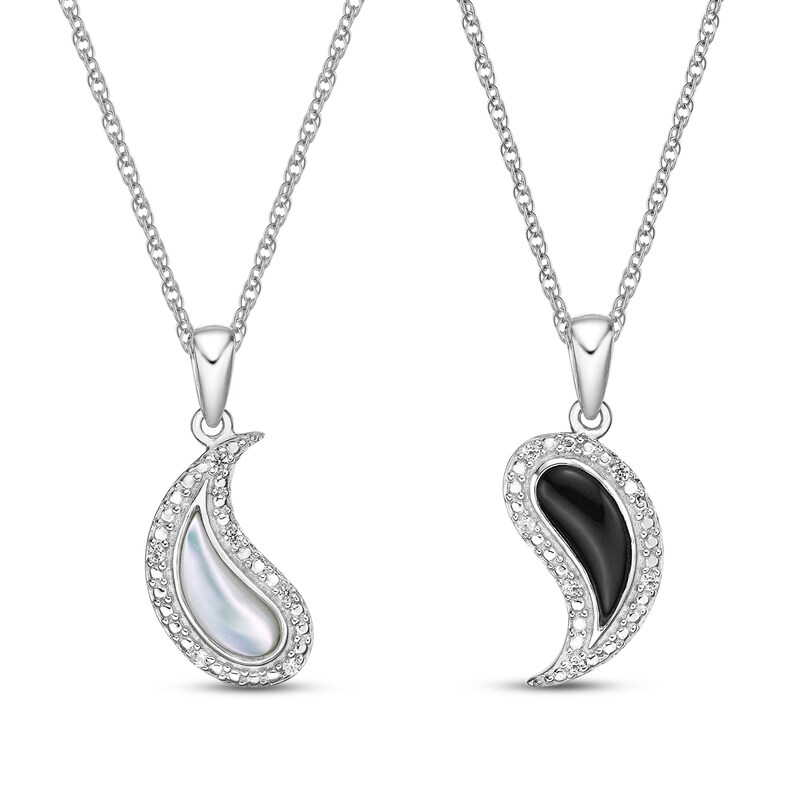 Mother of Pearl, Black Onyx & White Lab-Created Sapphire Yin-Yang Necklace Gift Set Sterling Silver