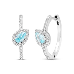 Swiss Blue & White Topaz Tilted Pear Hoop Earrings Sterling Silver