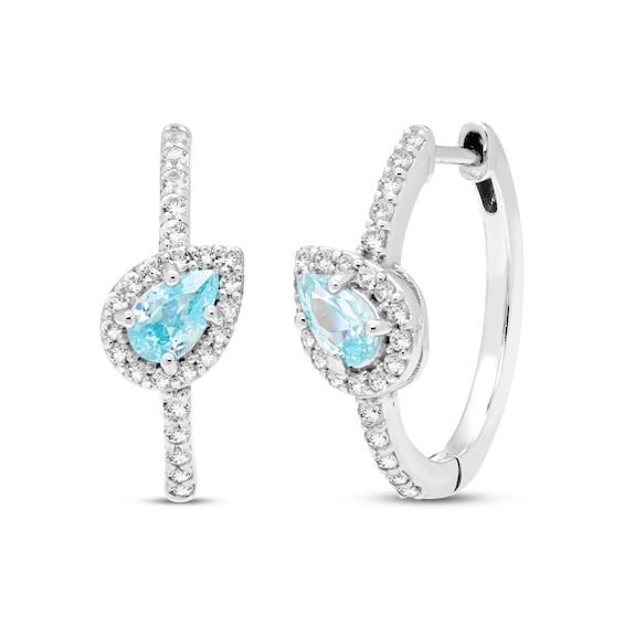Swiss Blue & White Topaz Tilted Pear Hoop Earrings Sterling Silver