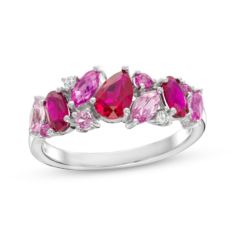 Vibrant Shades Lab-Created Ruby, Pink & White Lab-Created Sapphire Ring Sterling Silver