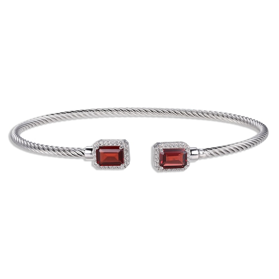 Garnet & White Lab-Created Sapphire Rope Cuff Bangle Bracelet Sterling Silver