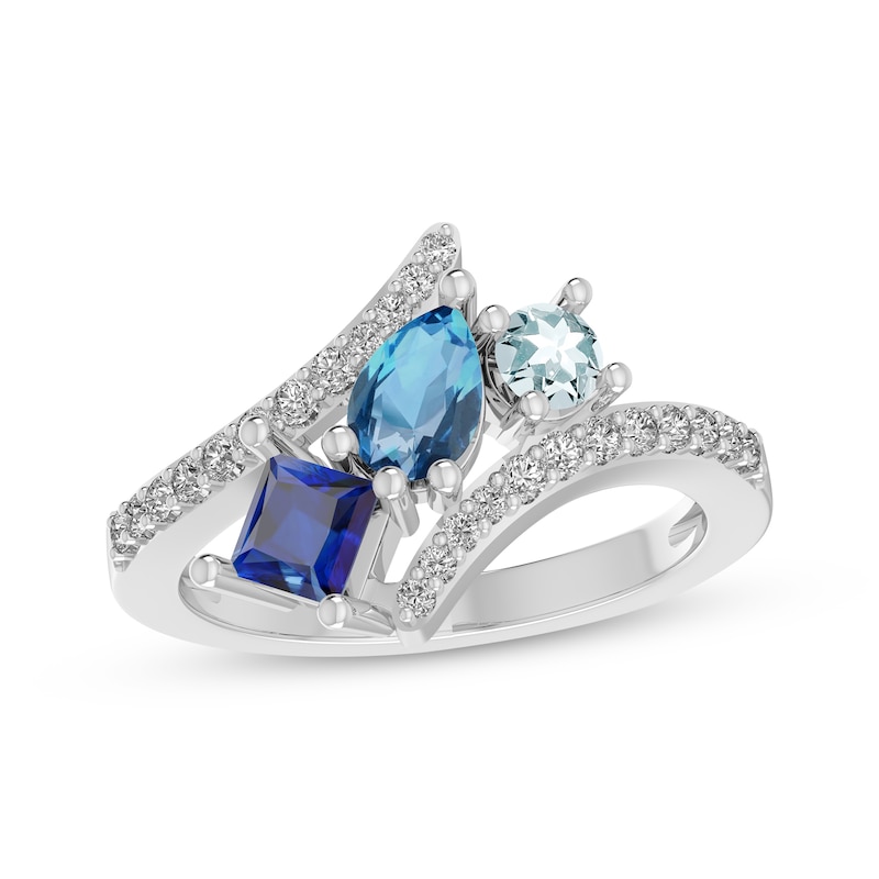 Blue & White Lab-Created Sapphire, Swiss Blue Topaz & Aquamarine Bypass Ring Sterling Silver