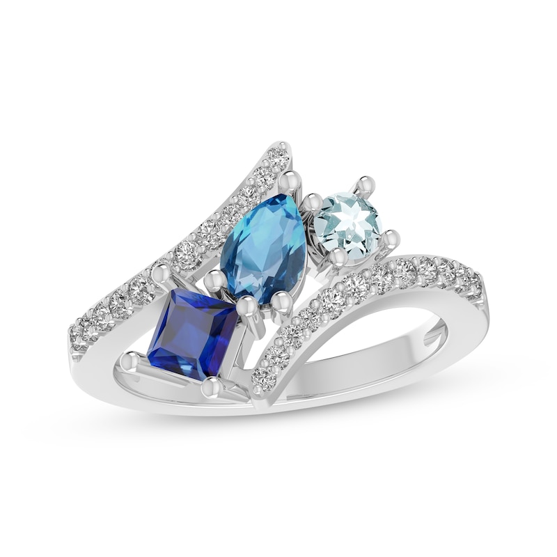 Main Image 1 of Blue & White Lab-Created Sapphire, Swiss Blue Topaz & Aquamarine Bypass Ring Sterling Silver