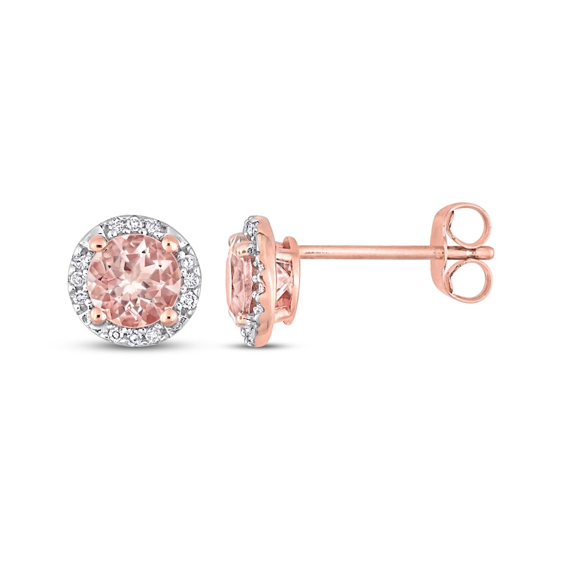 Main Image 1 of Morganite & Diamond Halo Stud Earrings 1/15 ct tw Round-cut 10K Rose Gold