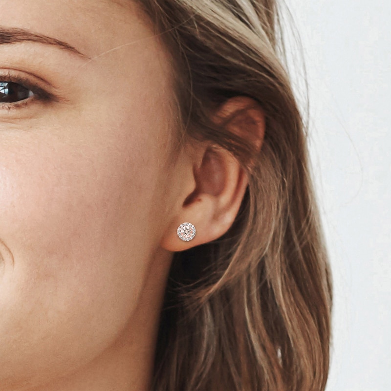 Main Image 4 of Morganite & White Topaz Halo Stud Earrings 10K Rose Gold