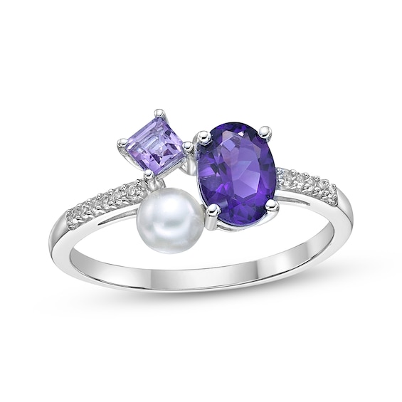 Multi-Shape Amethyst, Cultured Pearl & White Lab-Created Sapphire Ring Sterling Silver