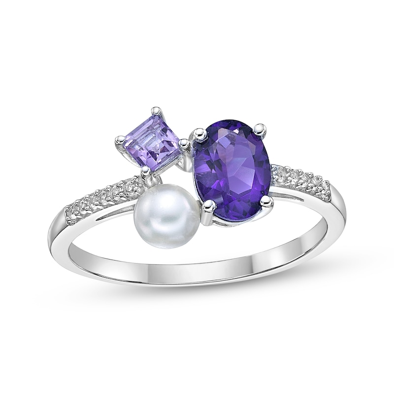 Multi-Shape Amethyst, Cultured Pearl & White Lab-Created Sapphire Ring Sterling Silver