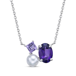 Multi-Shape Amethyst & Cultured Pearl Necklace Sterling Silver 18"