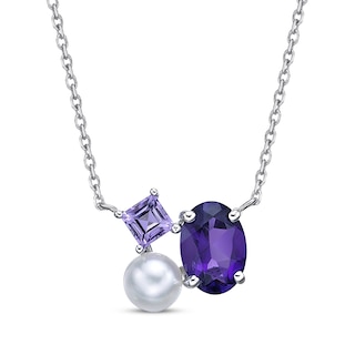 Multi-Shape Amethyst & Cultured Pearl Necklace Sterling Silver 18"