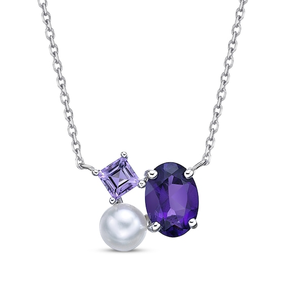 Multi-Shape Amethyst & Cultured Pearl Necklace Sterling Silver 18"