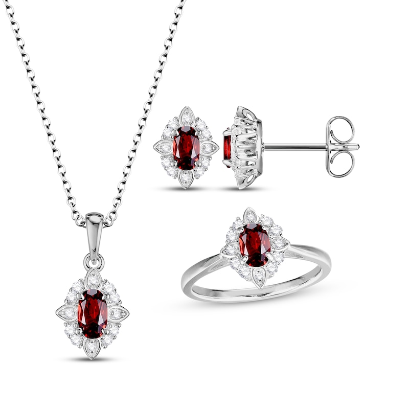 Oval-Cut Garnet & White Lab-Created Sapphire Scalloped Frame Gift Set Sterling Silver