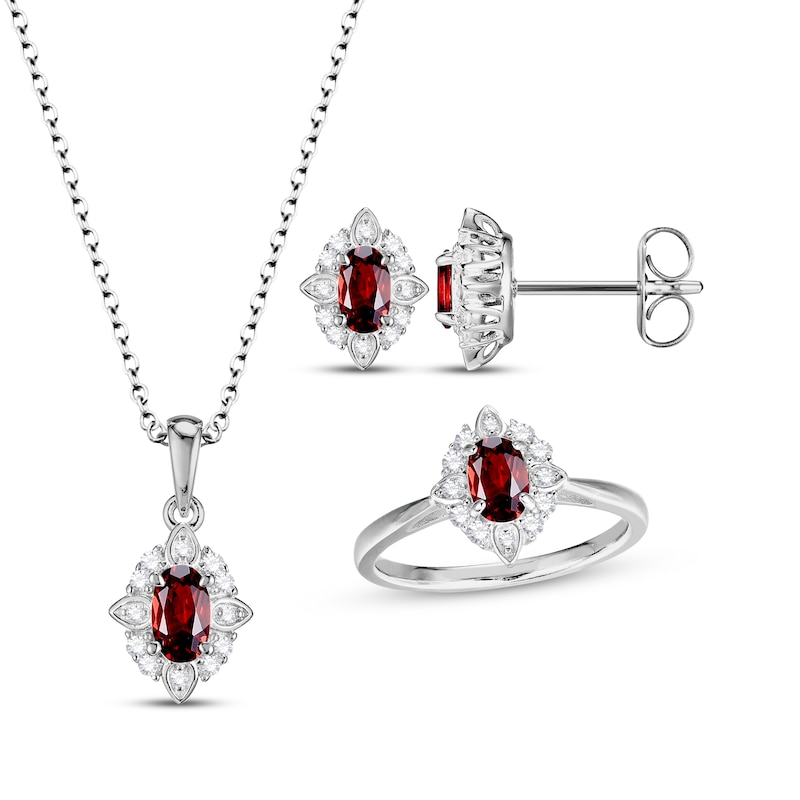 Main Image 1 of Oval-Cut Garnet & White Lab-Created Sapphire Scalloped Frame Gift Set Sterling Silver