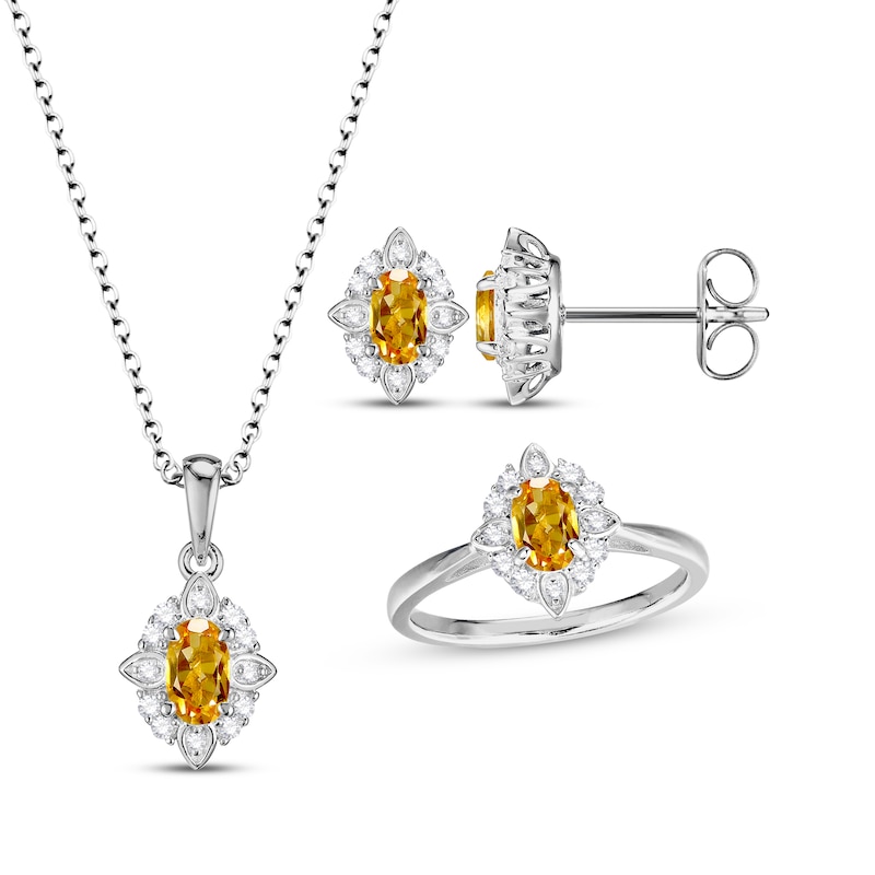 Oval-Cut Citrine & White Lab-Created Sapphire Scalloped Frame Gift Set Sterling Silver