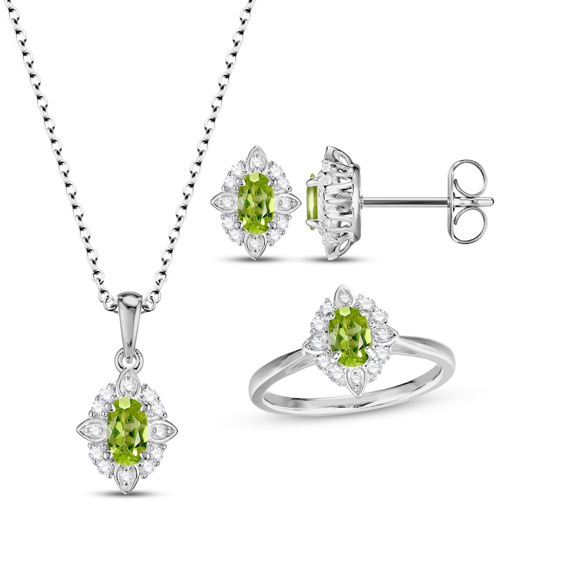 Oval-Cut Peridot & White Lab-Created Sapphire Scalloped Frame Gift Set Sterling Silver
