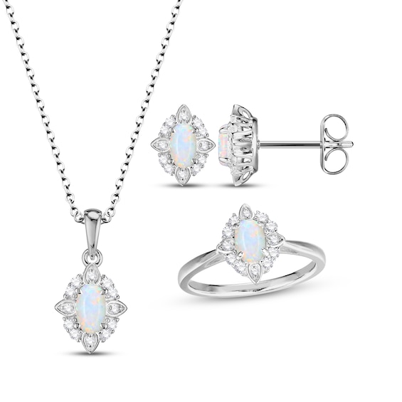 Oval-Cut Lab-Created Opal & White Lab-Created Sapphire Scalloped Frame Gift Set Sterling Silver