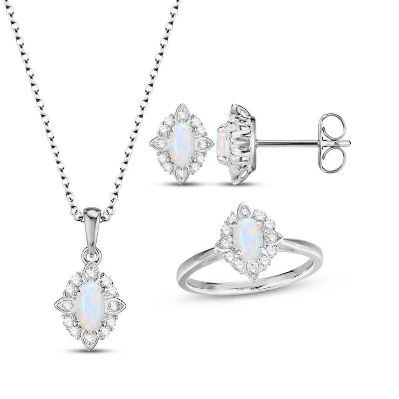 Main Image 1 of Oval-Cut Lab-Created Opal & White Lab-Created Sapphire Scalloped Frame Gift Set Sterling Silver