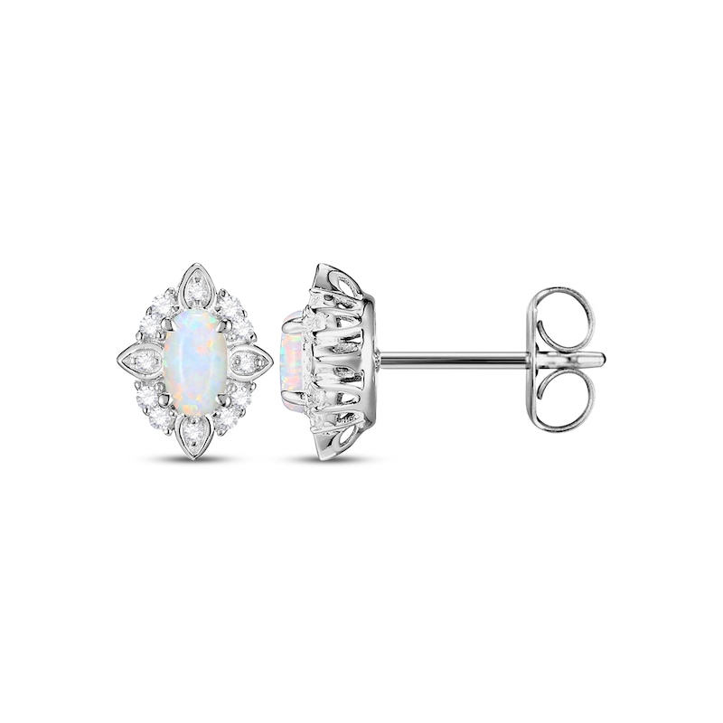 Main Image 4 of Oval-Cut Lab-Created Opal & White Lab-Created Sapphire Scalloped Frame Gift Set Sterling Silver