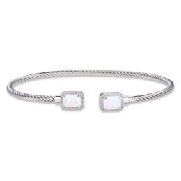 Emerald-Cut Lab-Created Opal & White Lab-Created Sapphire Rope Cuff Bracelet Sterling Silver