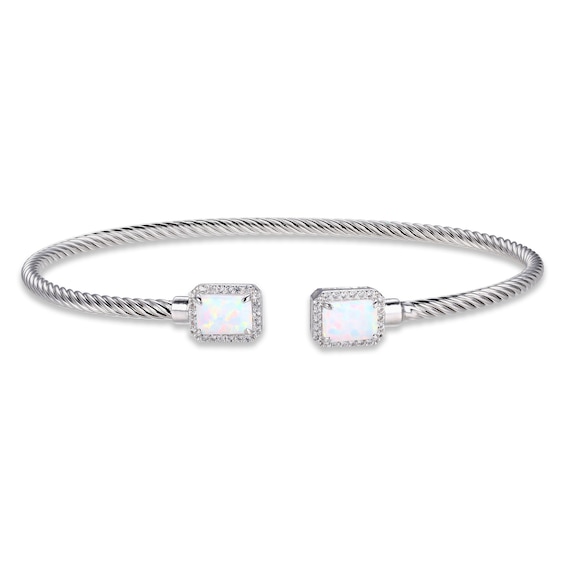 Emerald-Cut Lab-Created Opal & White Lab-Created Sapphire Rope Cuff Bracelet Sterling Silver