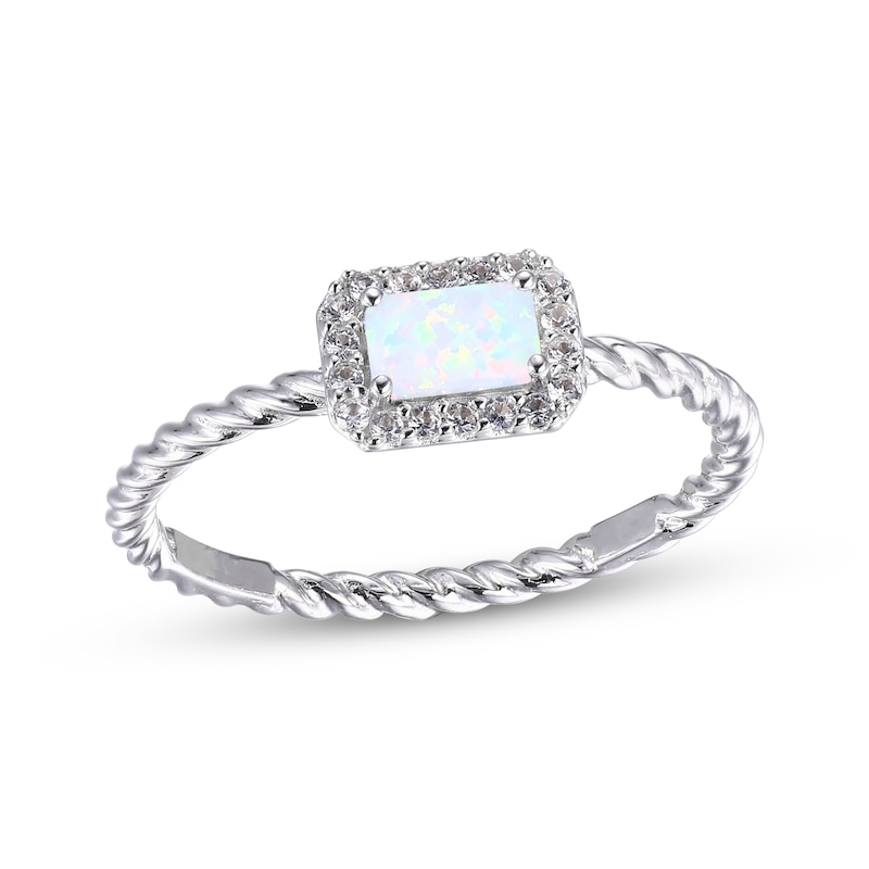 Main Image 1 of Emerald-Cut Lab-Created Opal & White Lab-Created Sapphire Rope Ring Sterling Silver