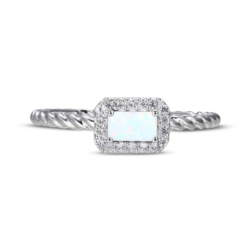 Main Image 3 of Emerald-Cut Lab-Created Opal & White Lab-Created Sapphire Rope Ring Sterling Silver