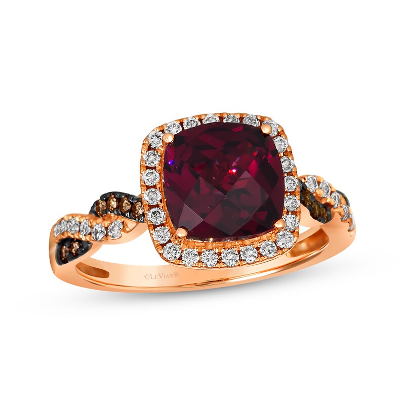 Main Image 1 of Le Vian Chocolate Twist Cushion-Cut Rhodolite Ring 1/3 ct tw Diamonds 14K Strawberry Gold