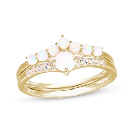 Round-Cut Lab-Created Opal & White Lab-Created Sapphire Stacking Ring Set 10K Yellow Gold