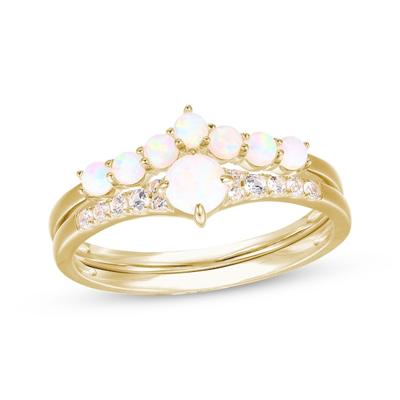Round-Cut Lab-Created Opal & White Lab-Created Sapphire Stacking Ring Set 10K Yellow Gold