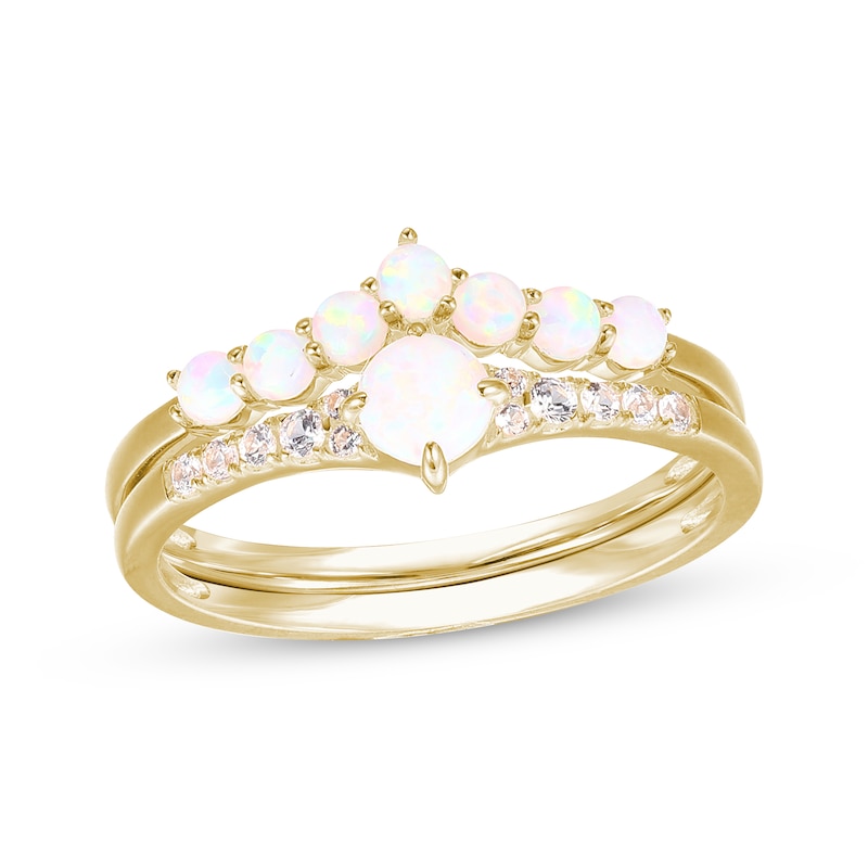 Main Image 1 of Round-Cut Lab-Created Opal & White Lab-Created Sapphire Stacking Ring Set 10K Yellow Gold