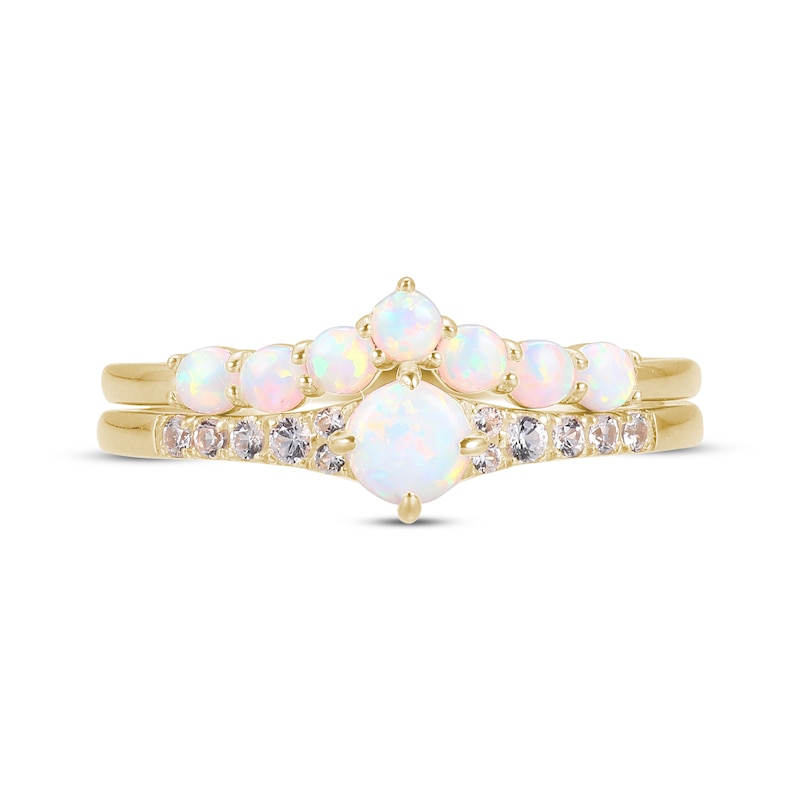 Main Image 3 of Round-Cut Lab-Created Opal & White Lab-Created Sapphire Stacking Ring Set 10K Yellow Gold